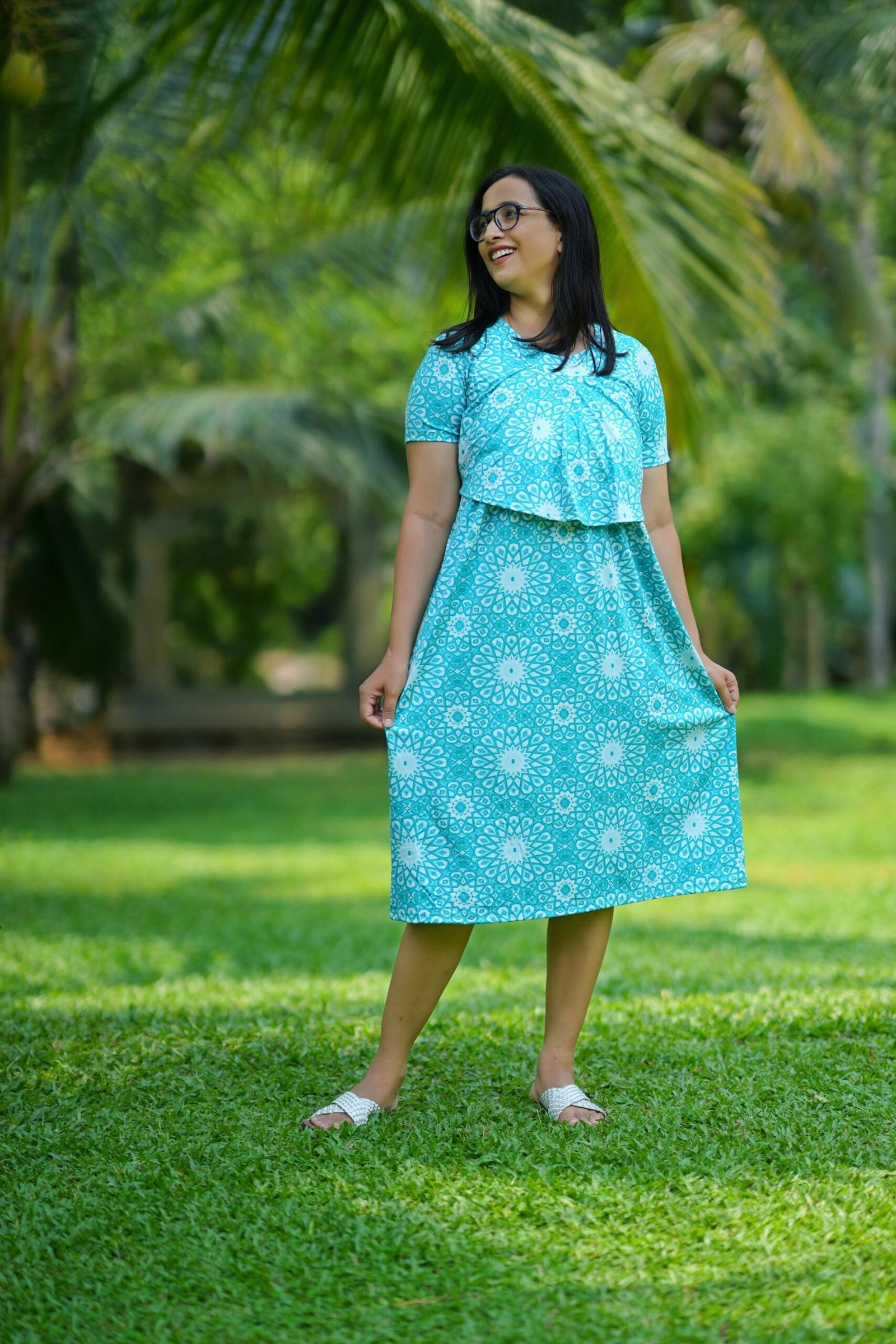 Aqua Bloom Maternity Midi Dress