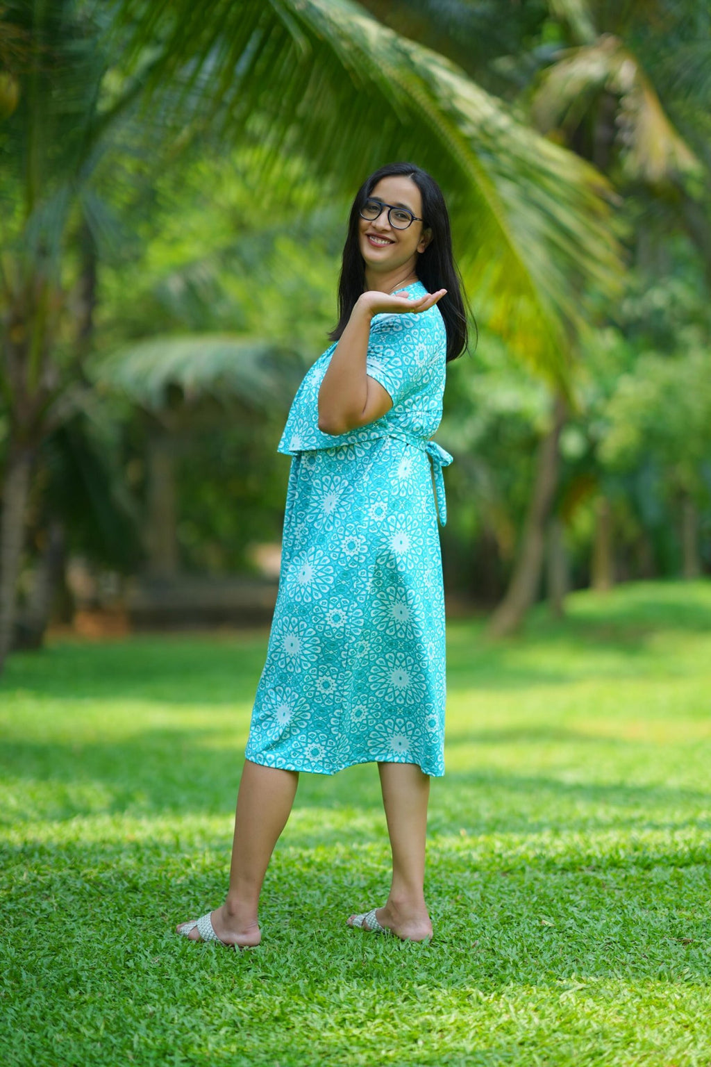 Aqua Bloom Maternity Midi Dress