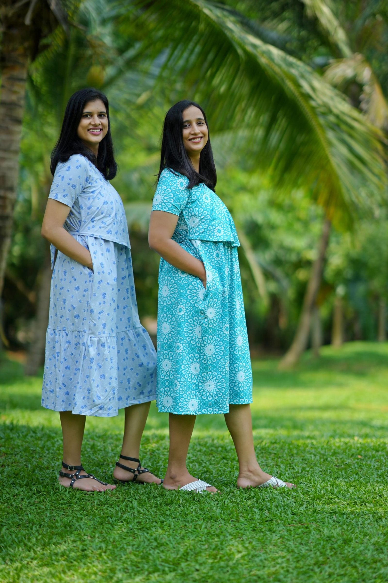 Light Blue Floral 100% Cotton Tiered Maternity Dress