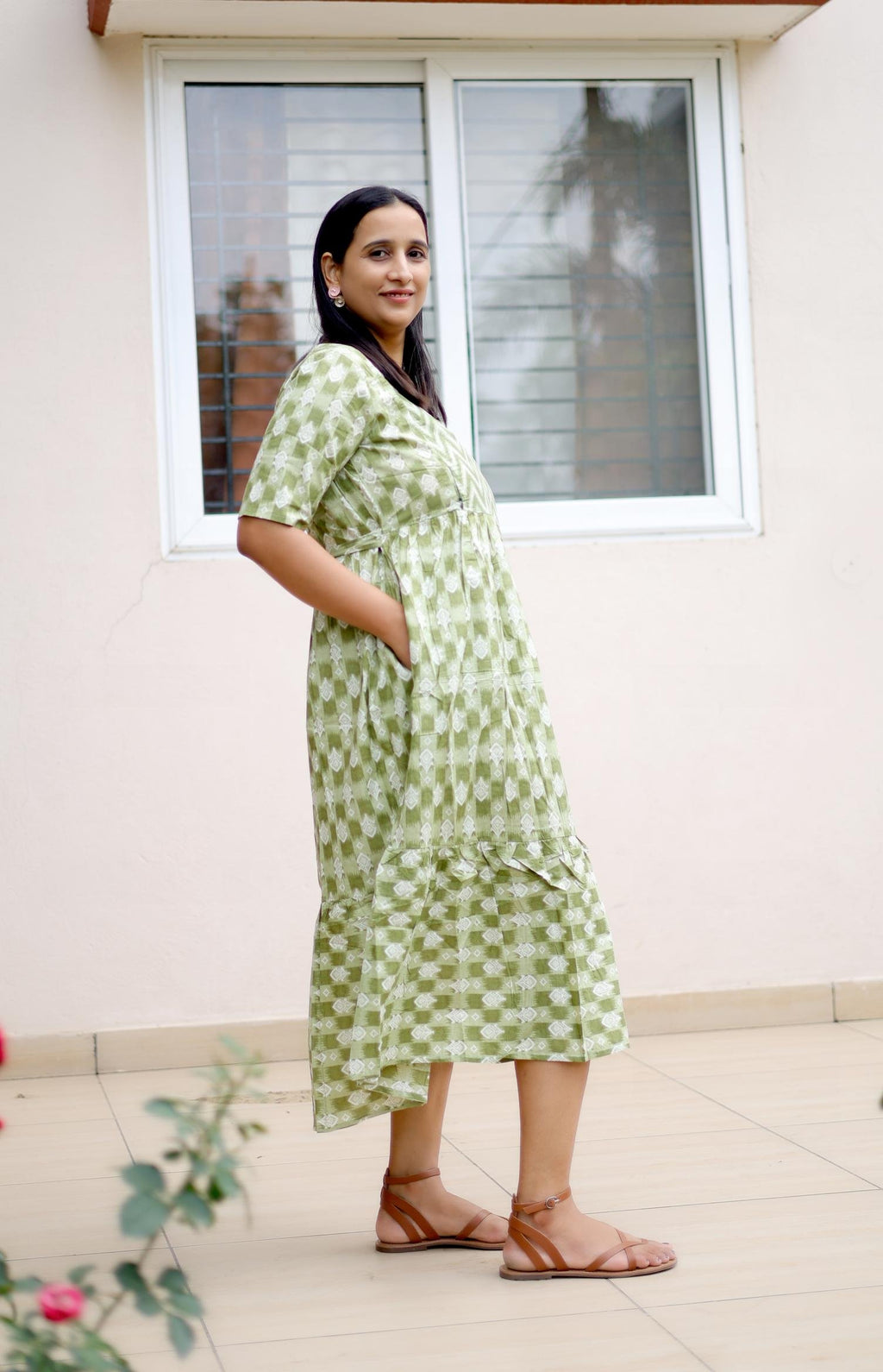 Light Olive Ikat Print Maternity Dress