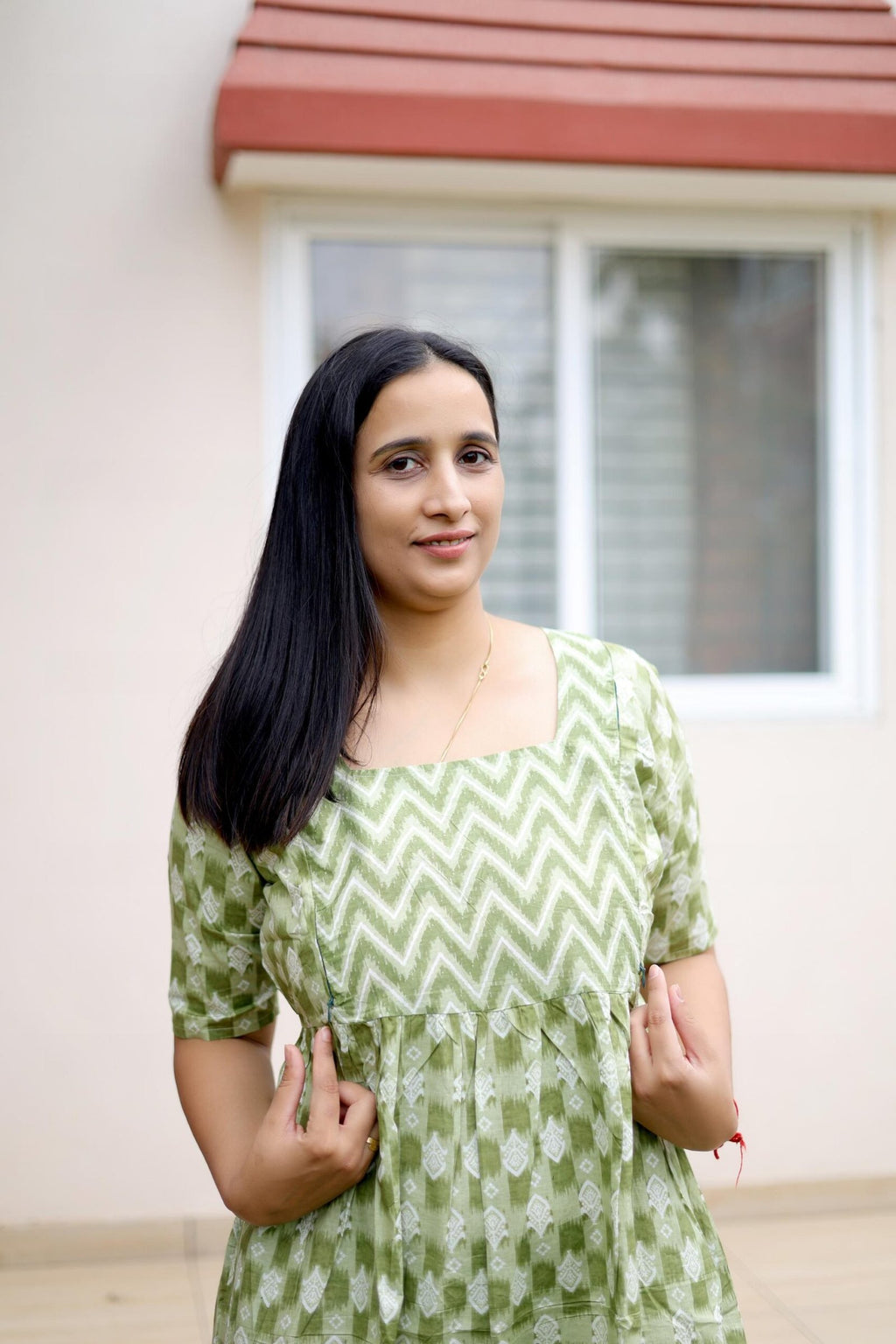 Light Olive Ikat Print Maternity Dress