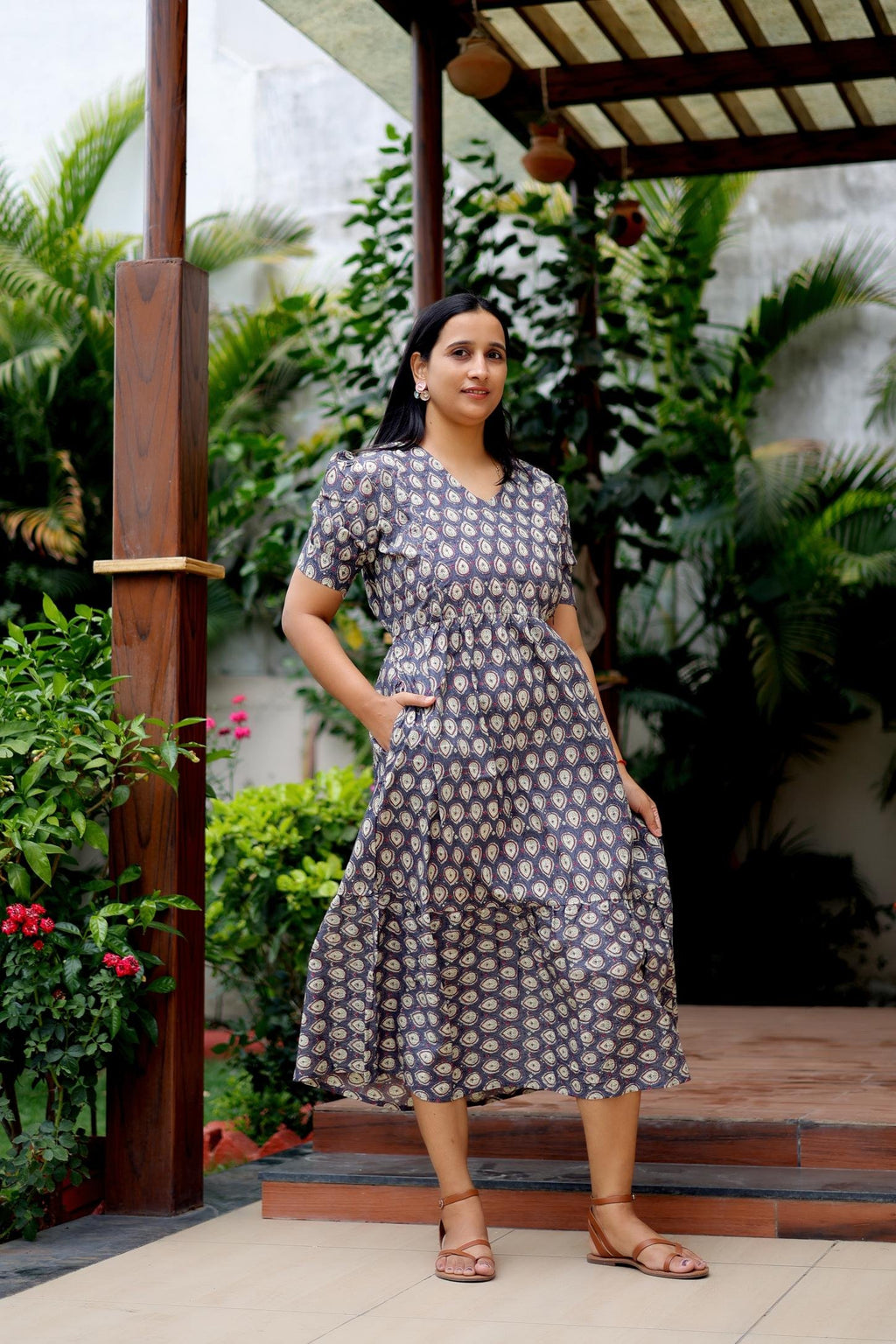 Deep grey Paisley print maternity dress