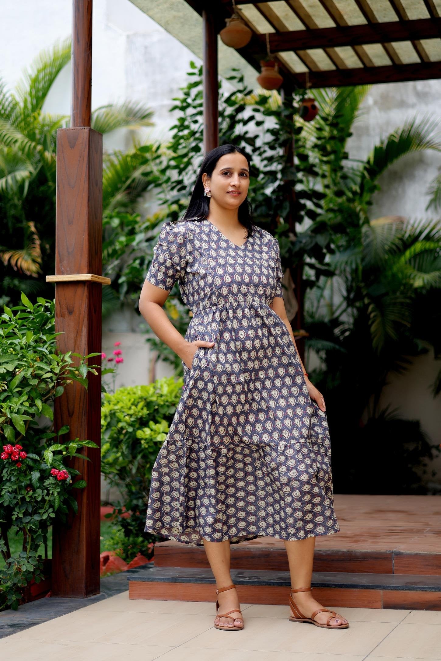 Deep grey Paisley print maternity dress