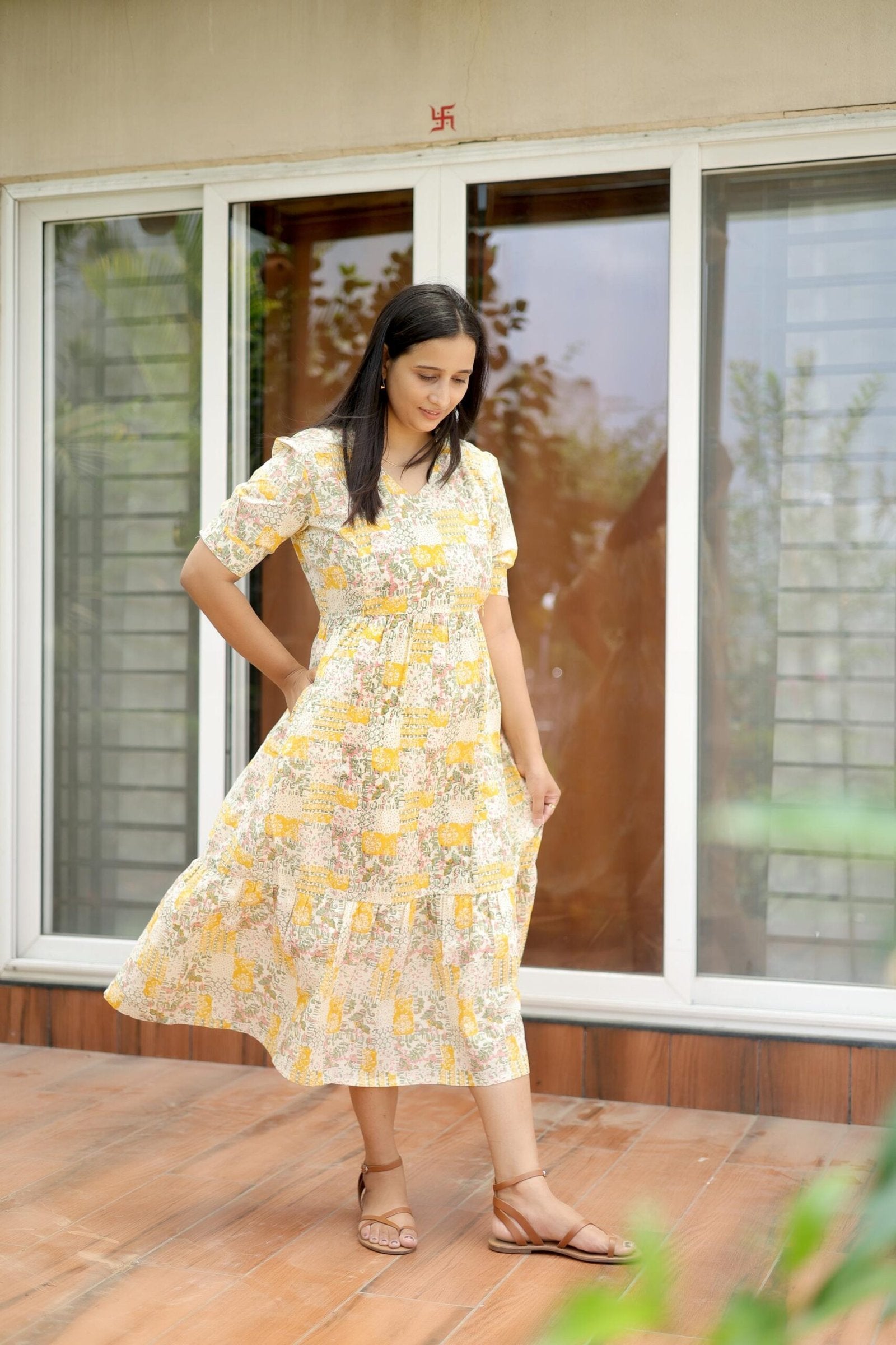 Pastel Yellow Floral Patchwork Maternity Dress