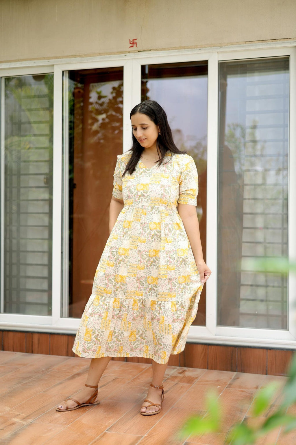 Pastel Yellow Floral Patchwork Maternity Dress
