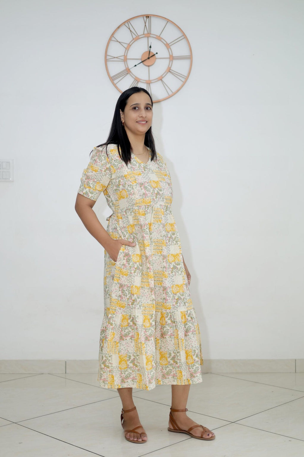 Pastel Yellow Floral Patchwork Maternity Dress