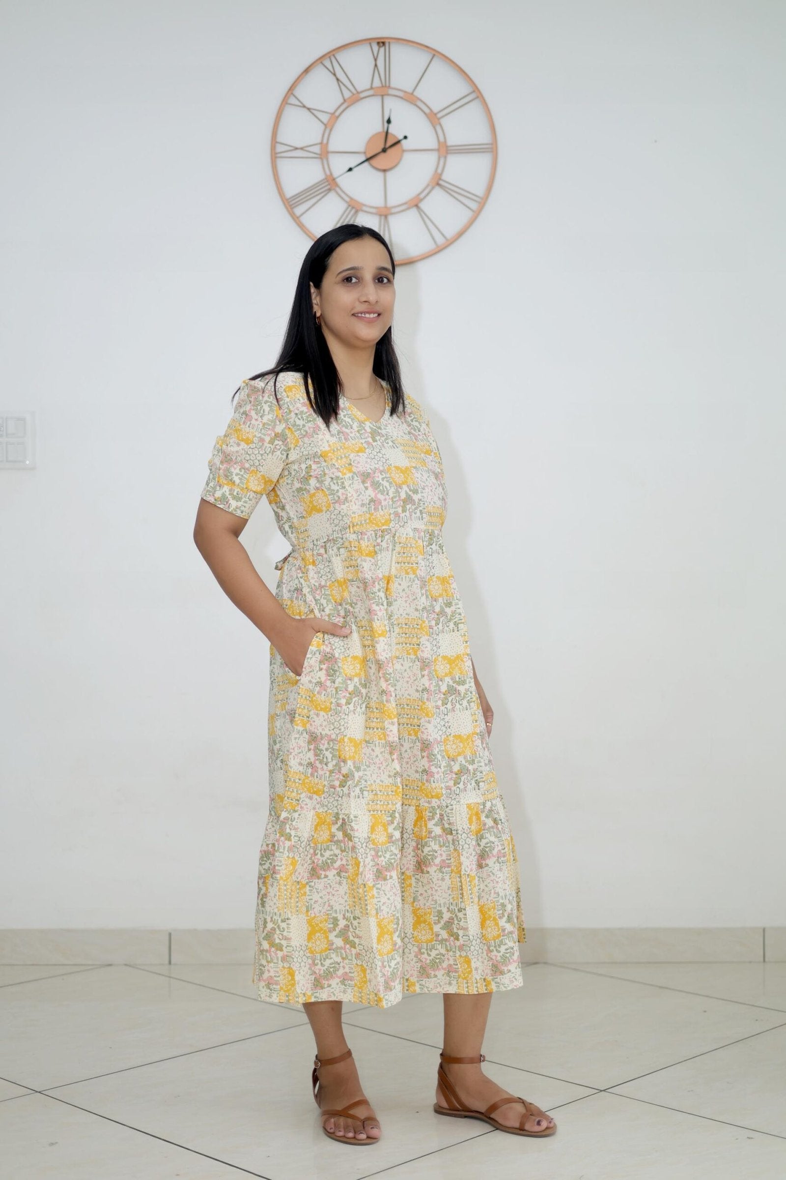 Pastel Yellow Floral Patchwork Maternity Dress