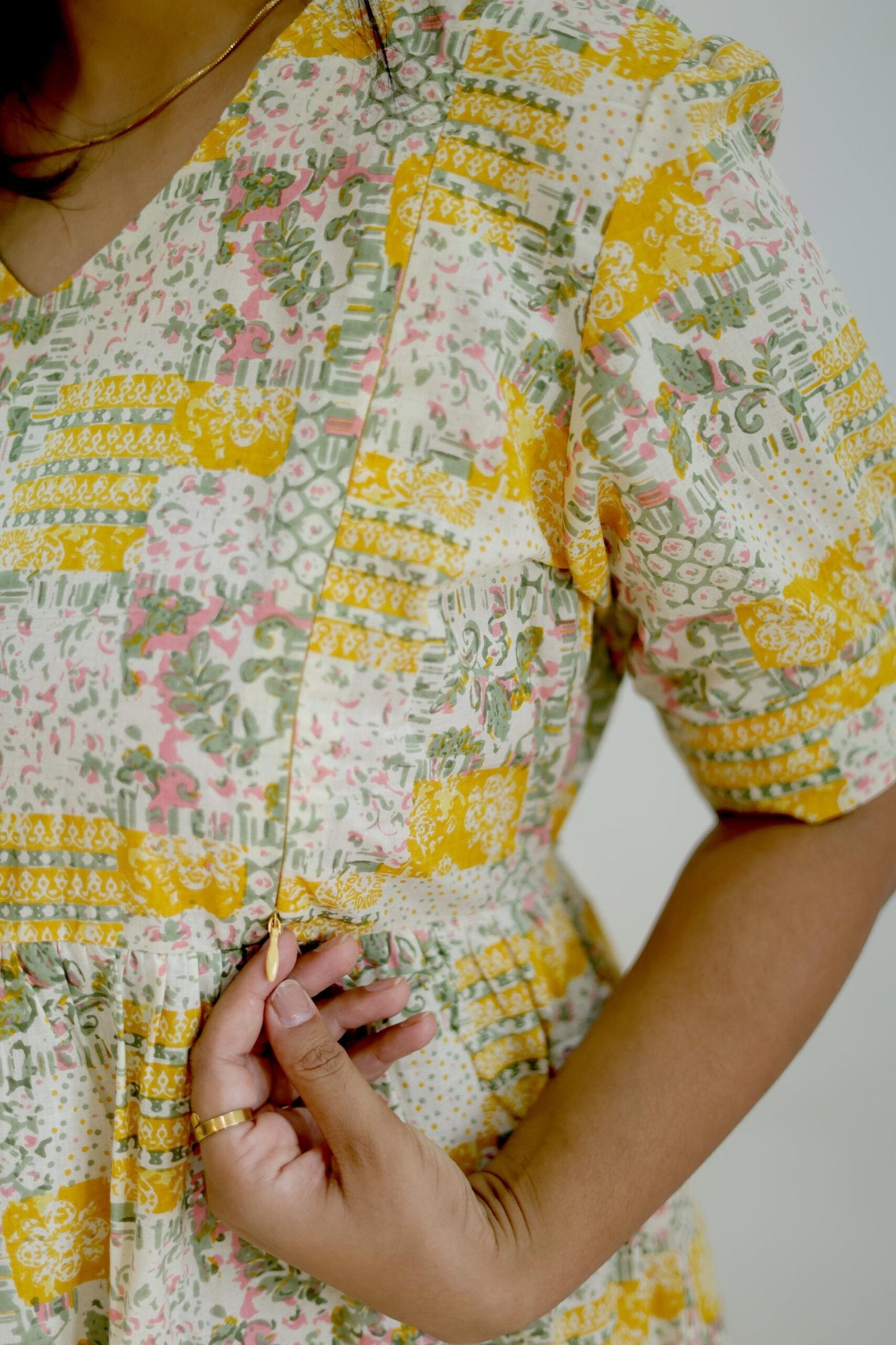 Pastel Yellow Floral Patchwork Maternity Dress