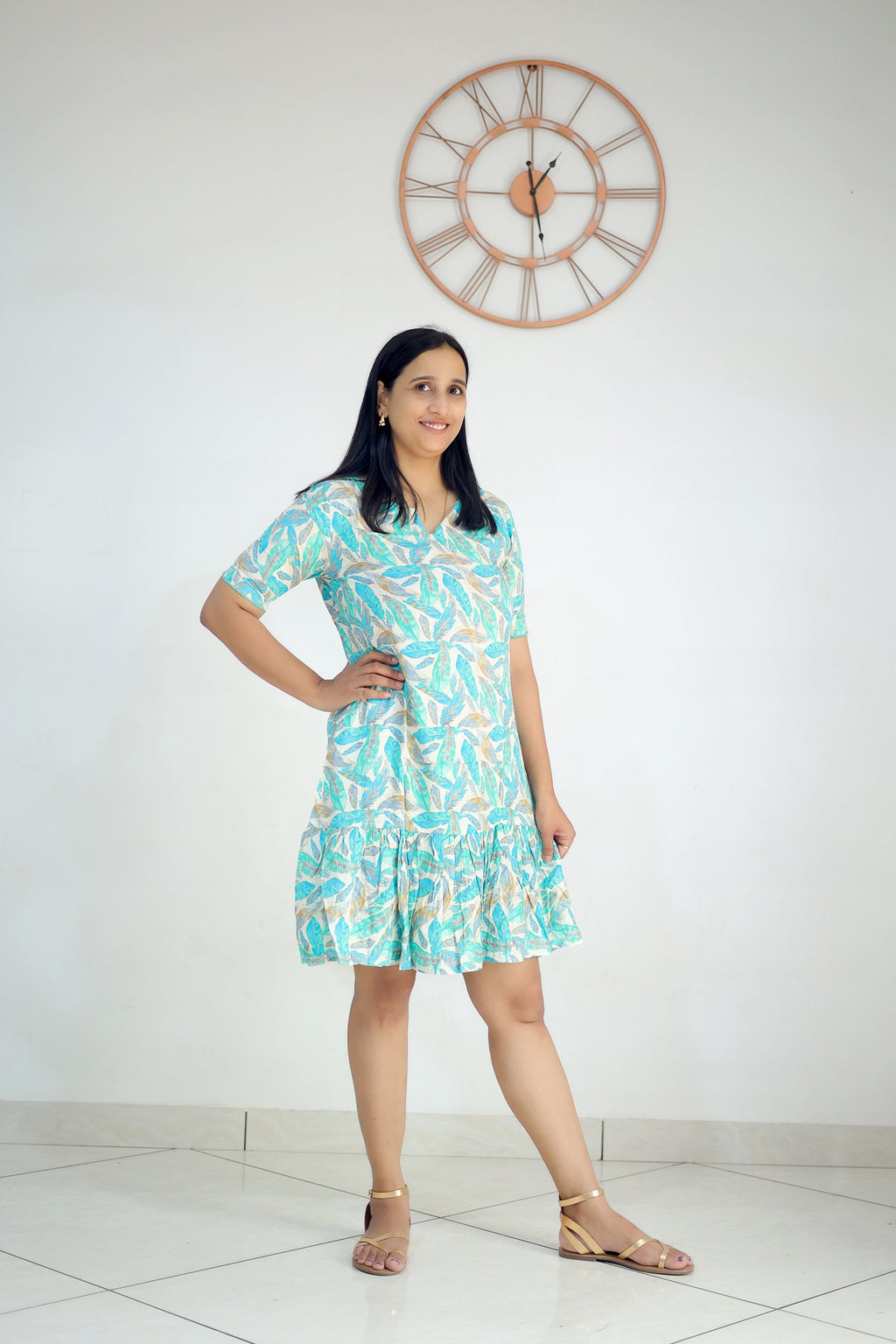 Aqua Mist Leaf Ruffle Dress