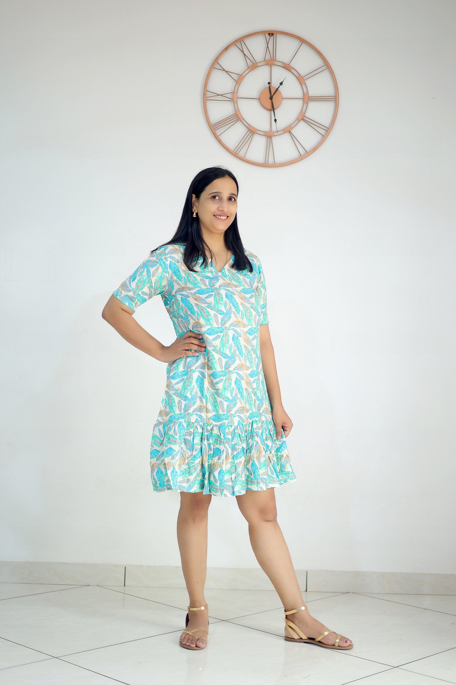 Aqua Mist Leaf Ruffle Dress