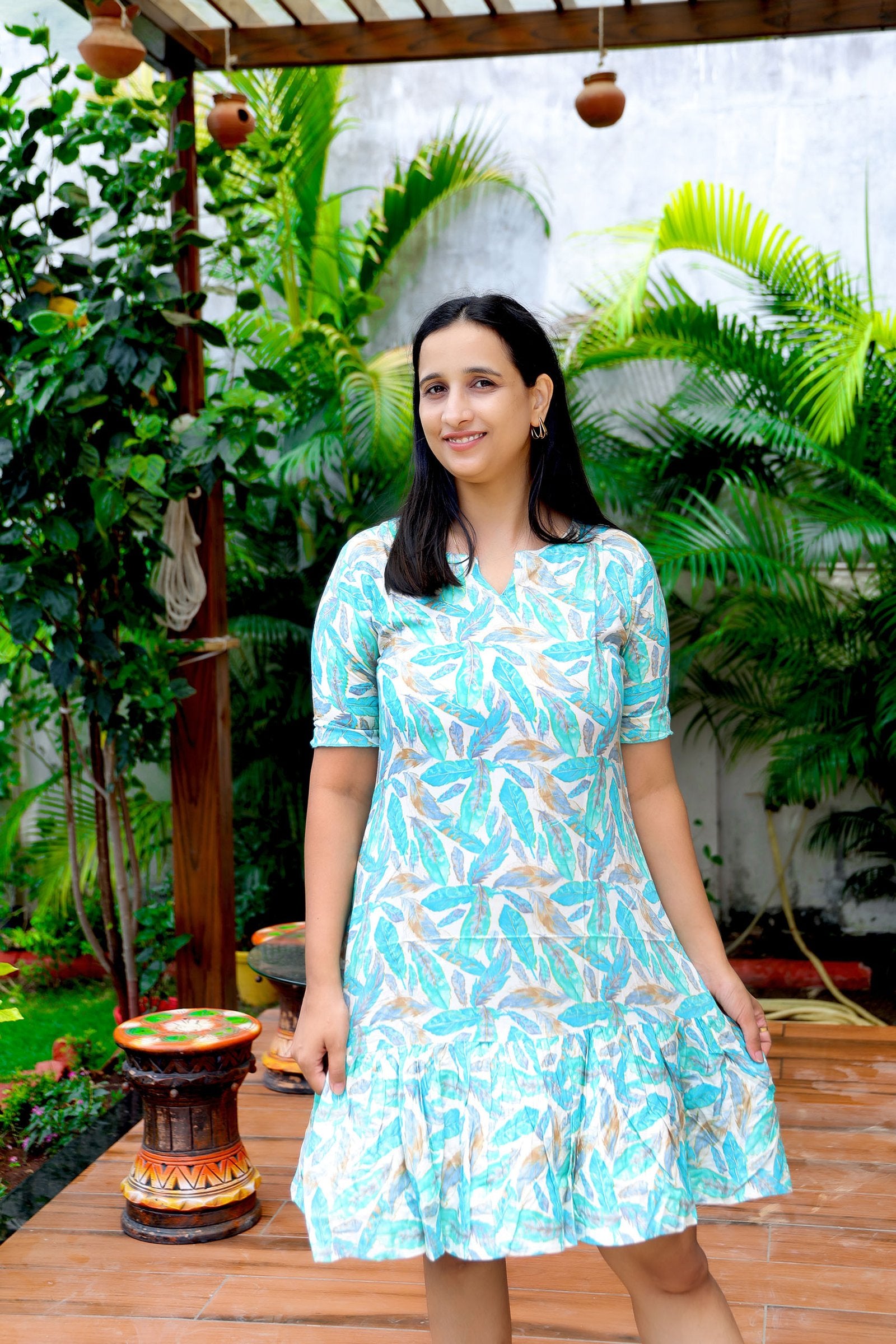 Aqua Mist Leaf Ruffle Dress