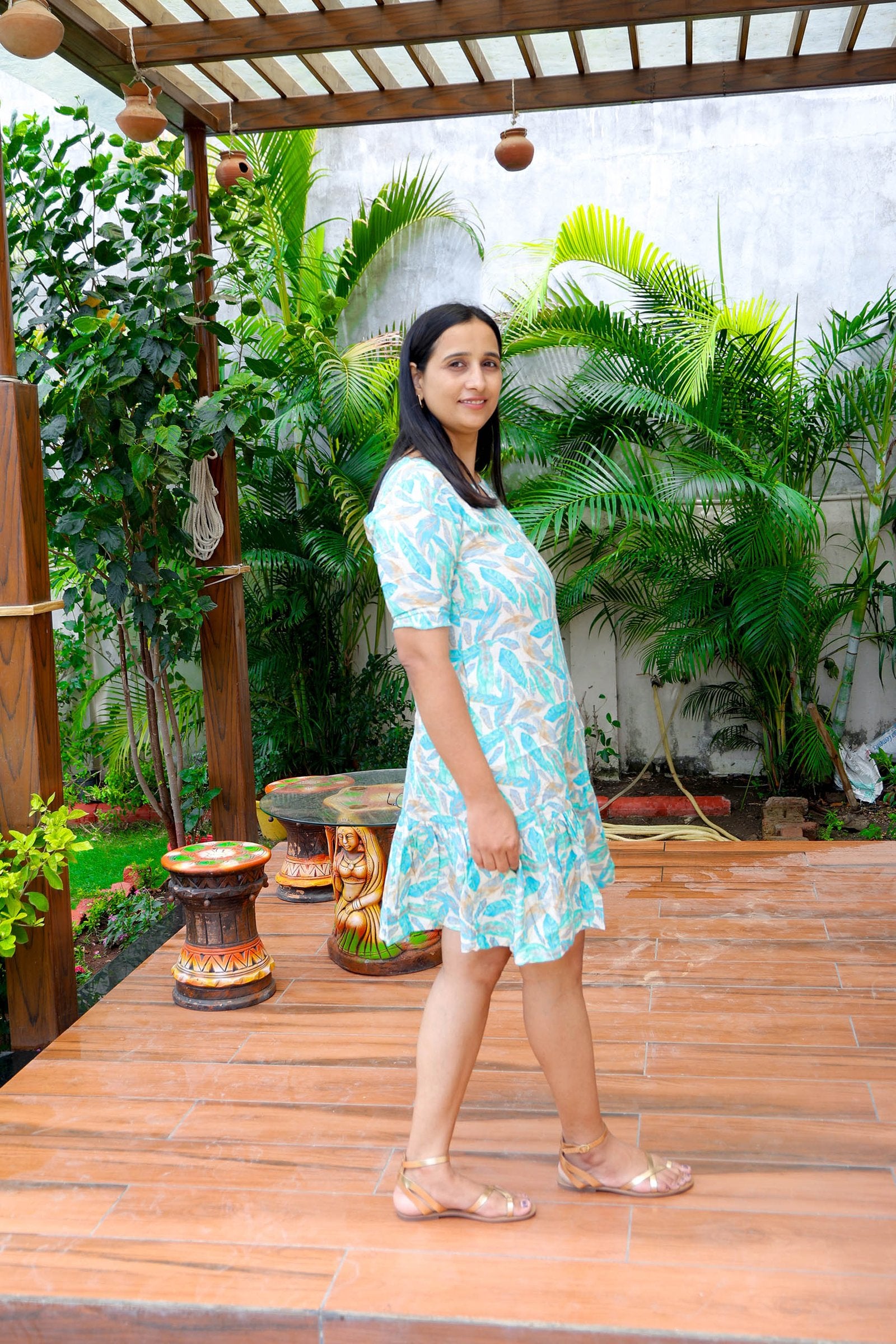 Aqua Mist Leaf Ruffle Dress