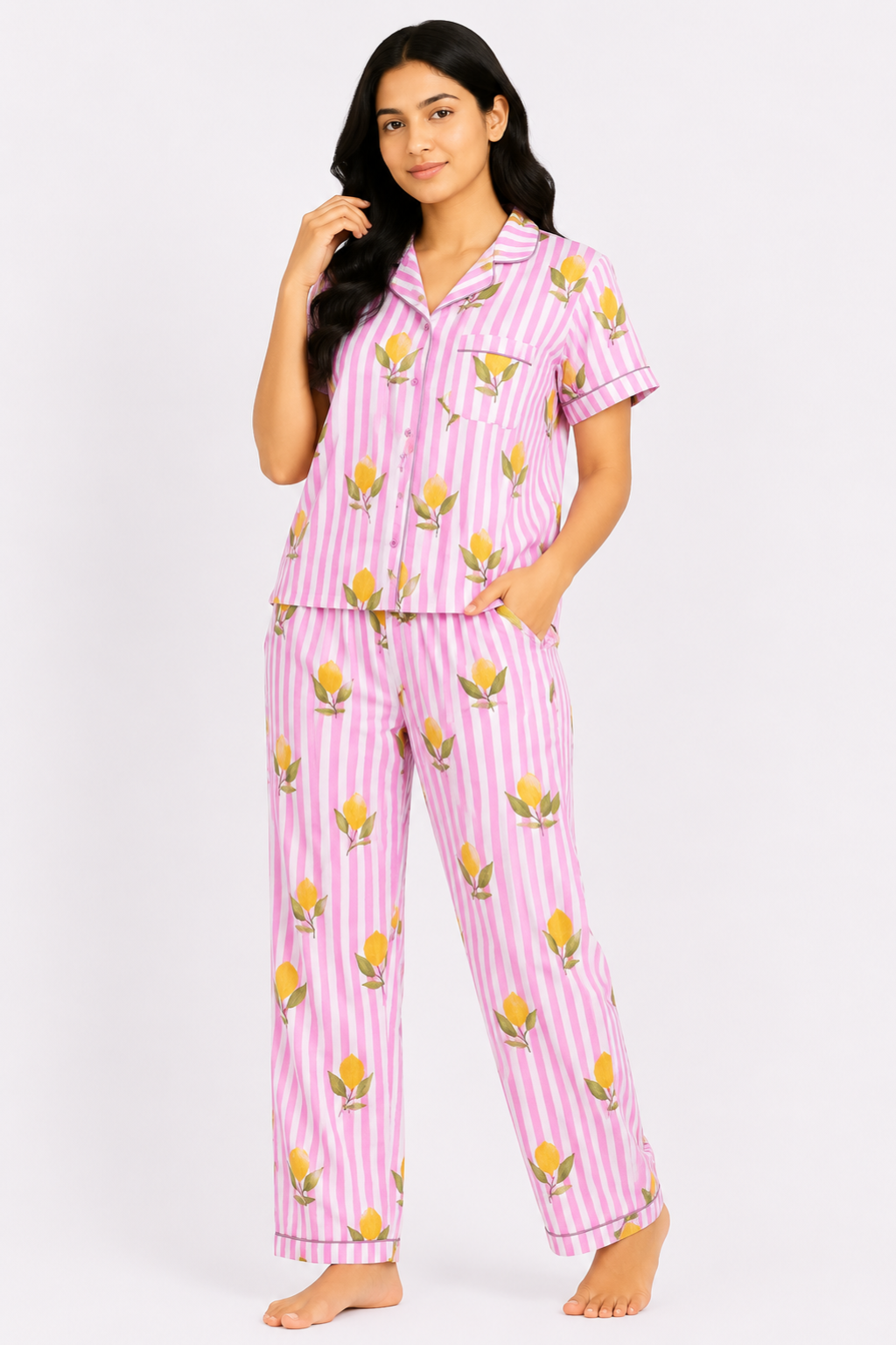 Pink Lemon Print Cotton Women's Night Suit