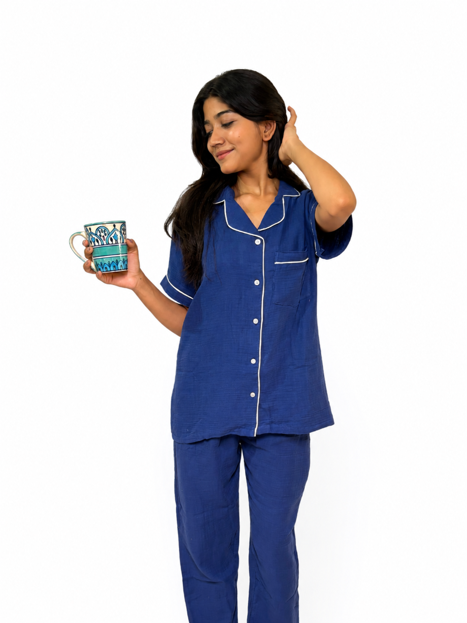 Classic Navy Blue Muslin Women's Night Suit