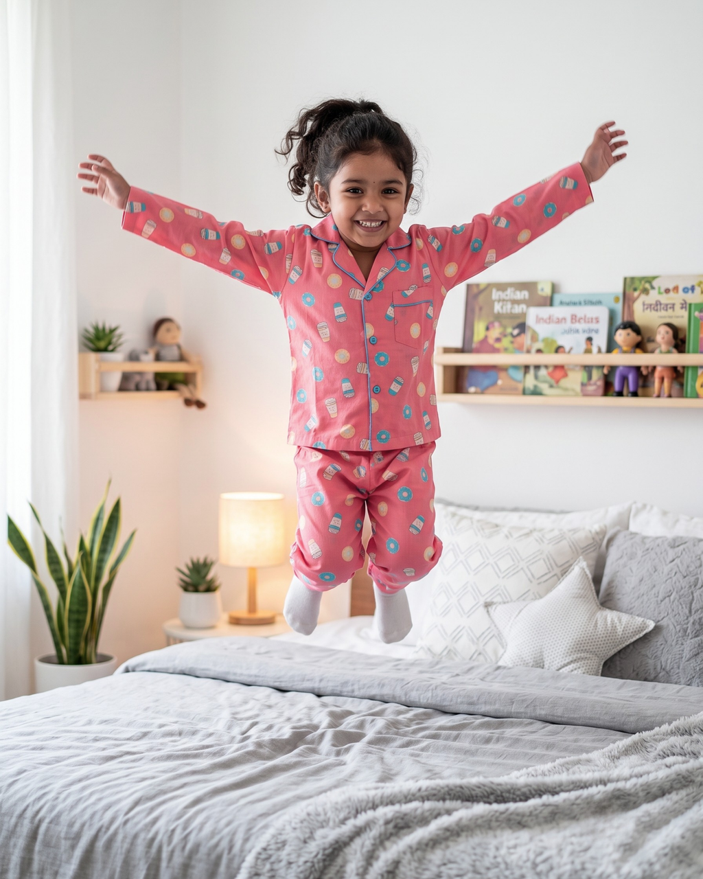 Pink Coffee & Donut Print Cotton Kids's Night Suit