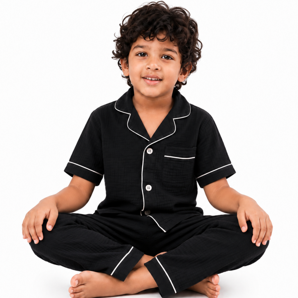Classic Black Muslin Kids Night Suit