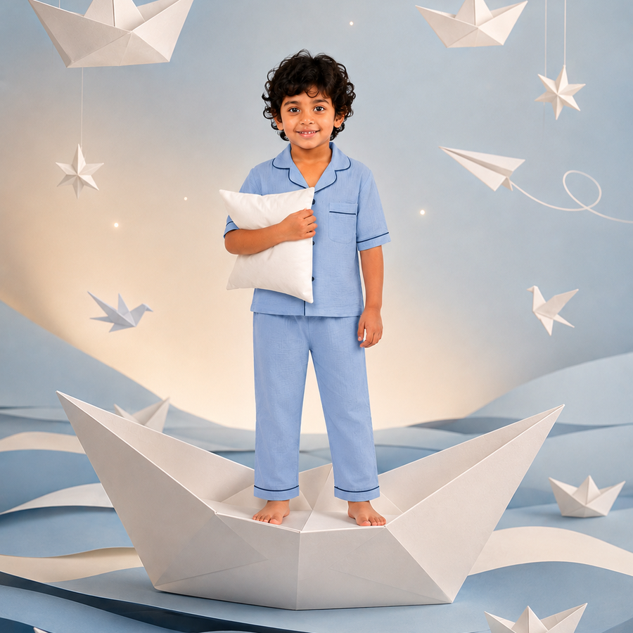 Classic Blue Muslin Kids Night Suit