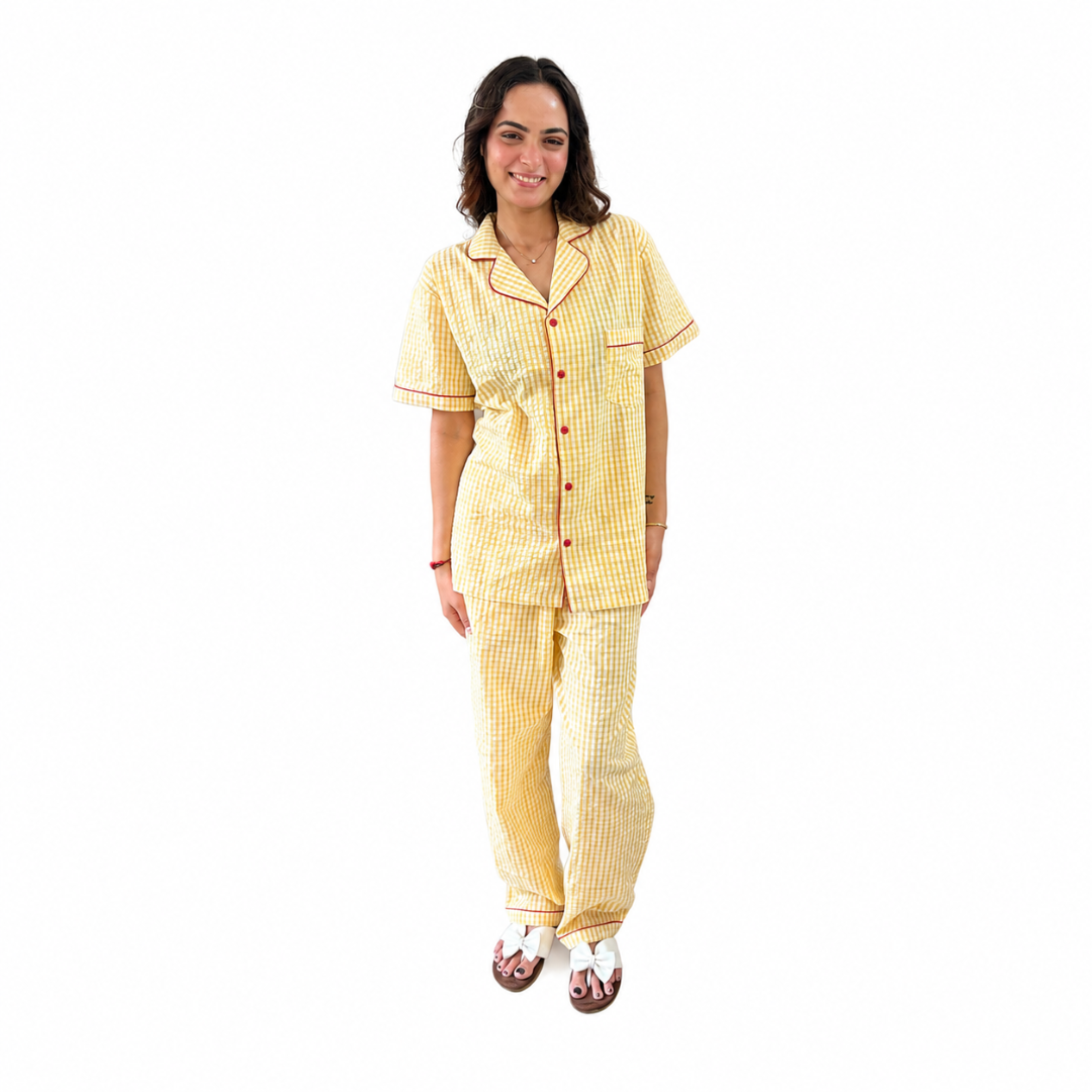 Yellow Gingham Cotton Women's Night Suit