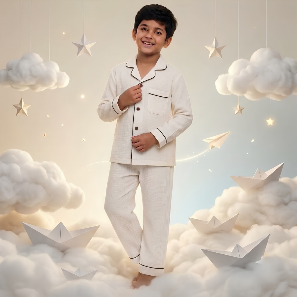 Classic Ivory Muslin Kids Night Suit(Full sleeve)