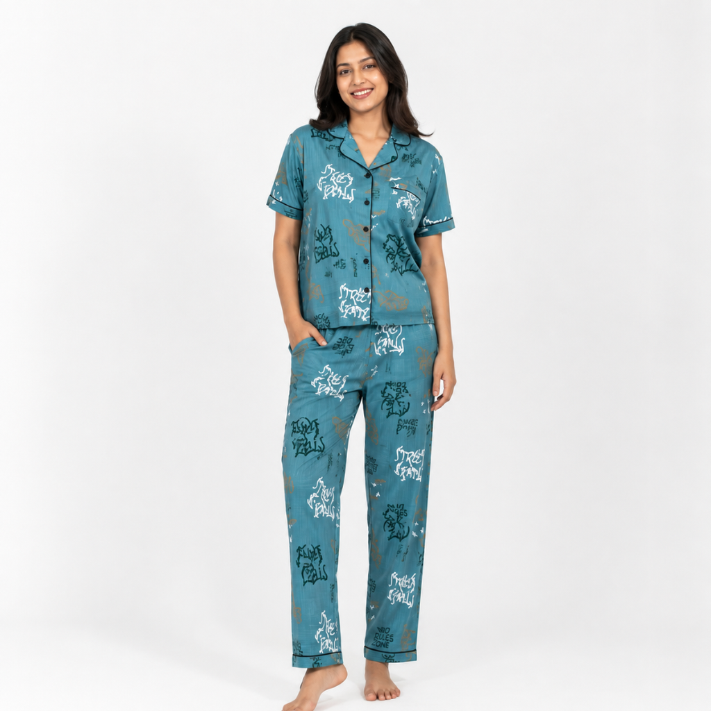 Teal Graffiti Print Cotton Night Suit