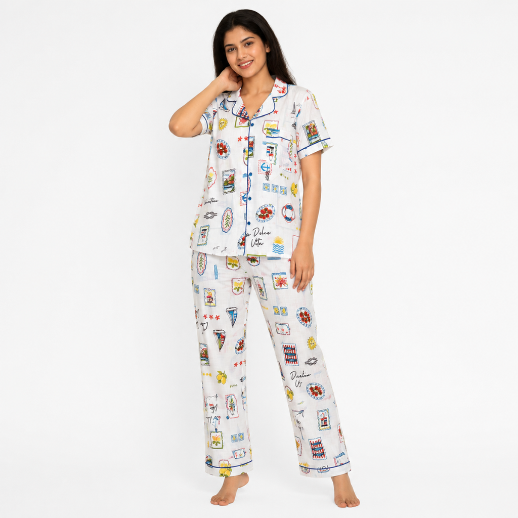 White Travel Print Cotton Night Suit