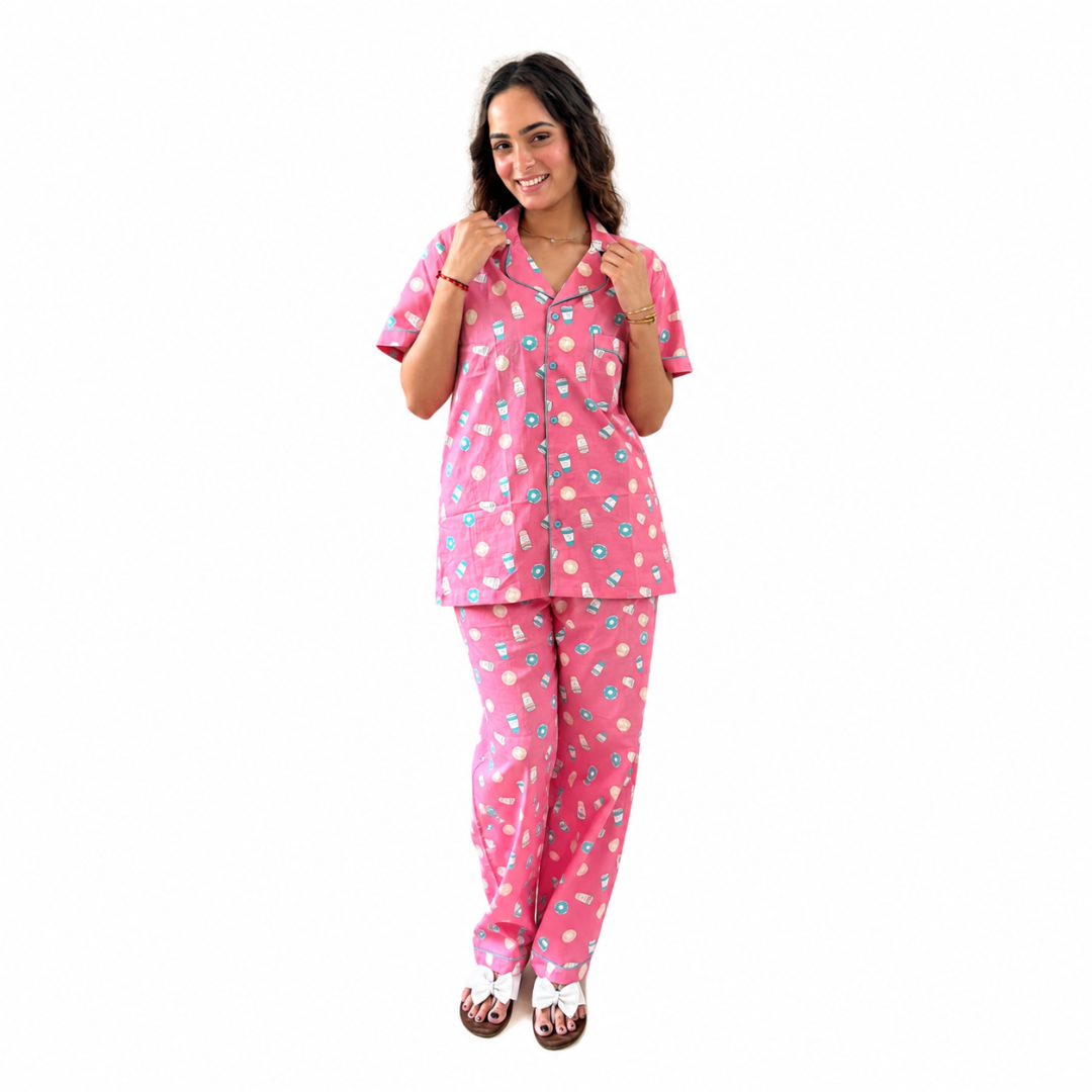 Pink Coffee & Donut Print Cotton Women's Night Suit