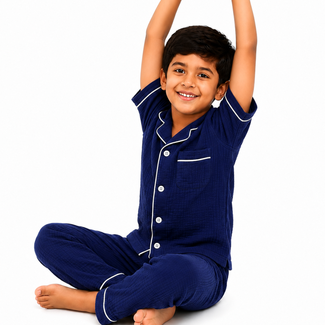 Classic Navy Blue Muslin Kids Night Suit