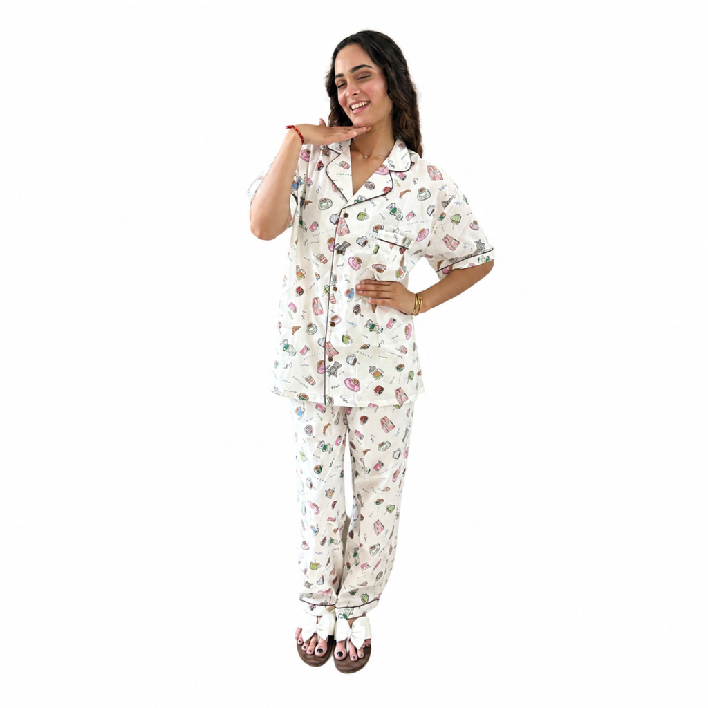 White Café Print Cotton Women's Night Suit