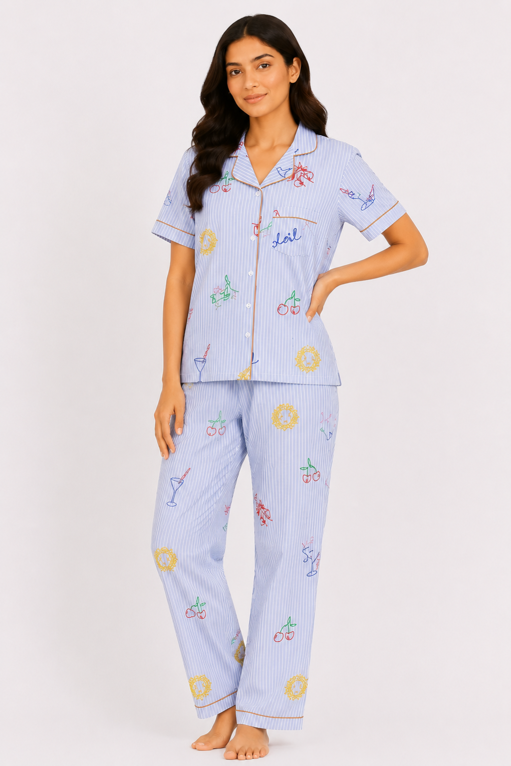 Blue Stripe Printed Cotton Night Suit Set [Full Pant]