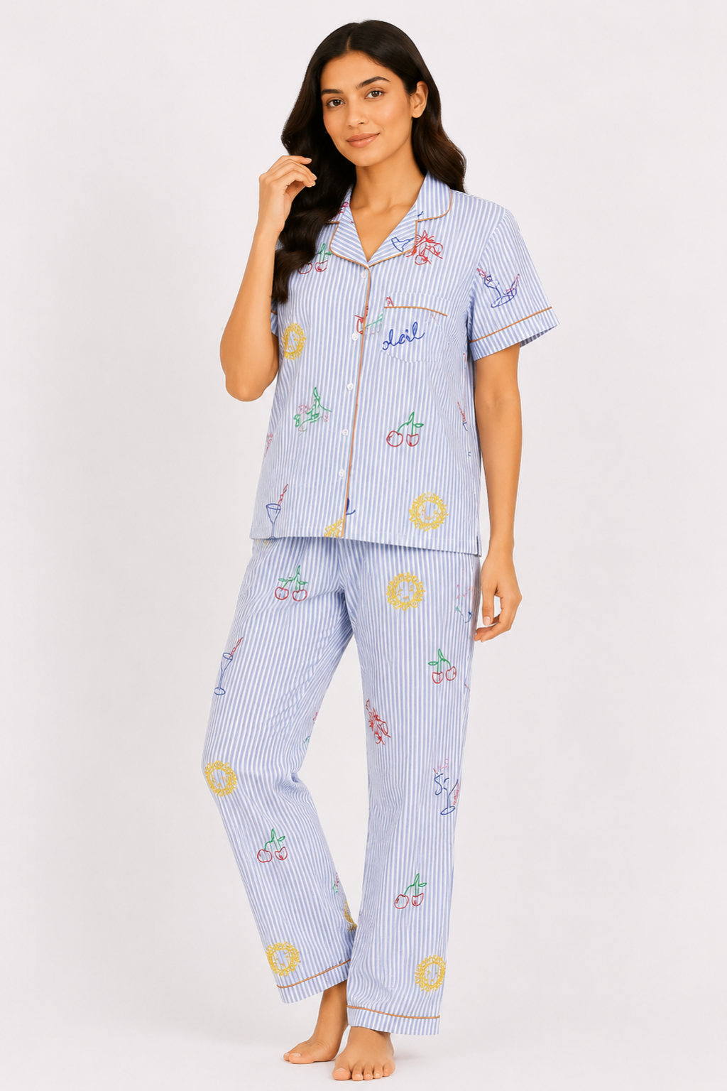 Blue Stripe Printed Cotton Night Suit Set [Full Pant]