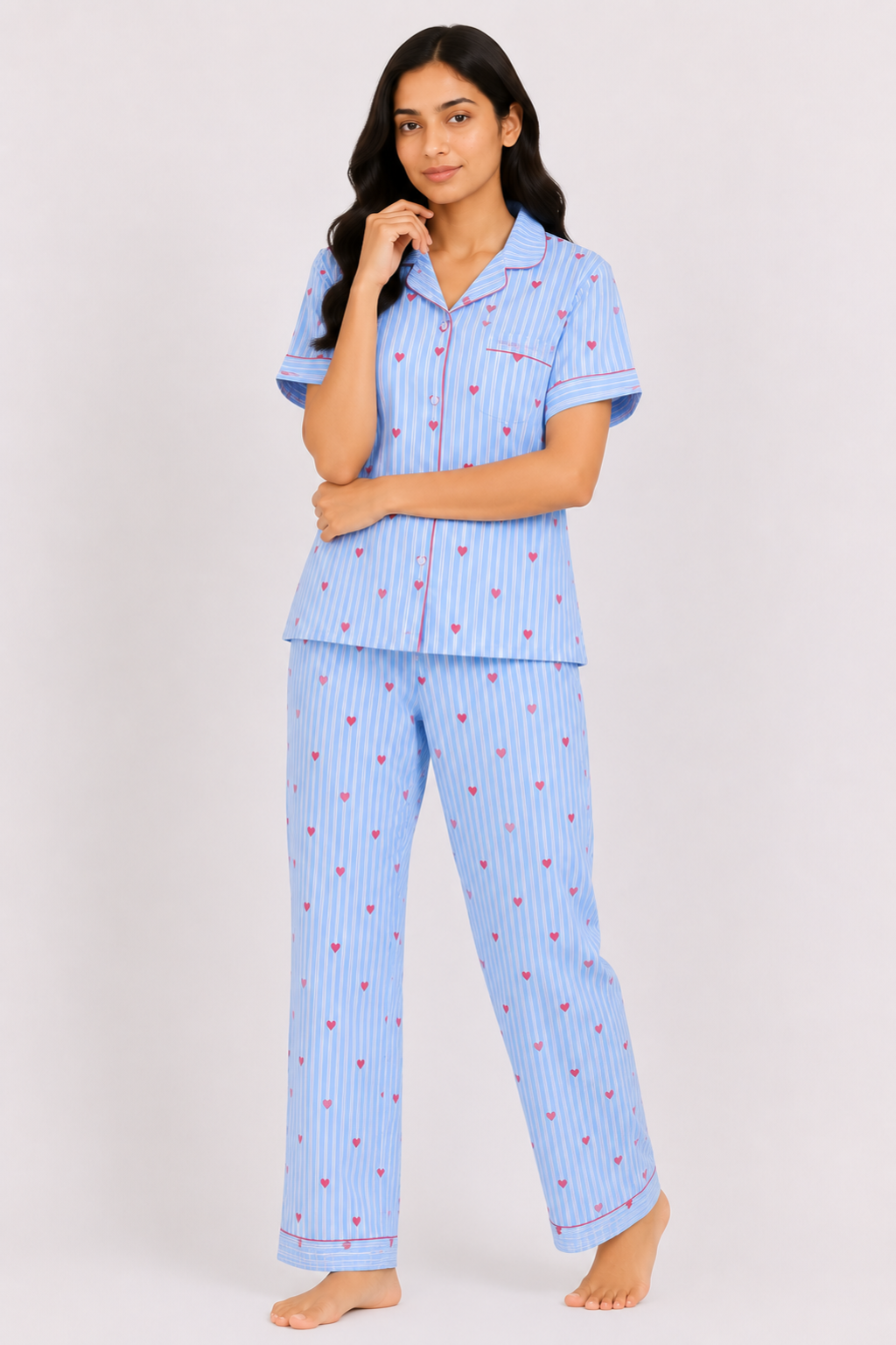 Blue Heart Print Cotton Night Suit Set for Women