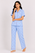 Blue Heart Print Cotton Night Suit Set for Women