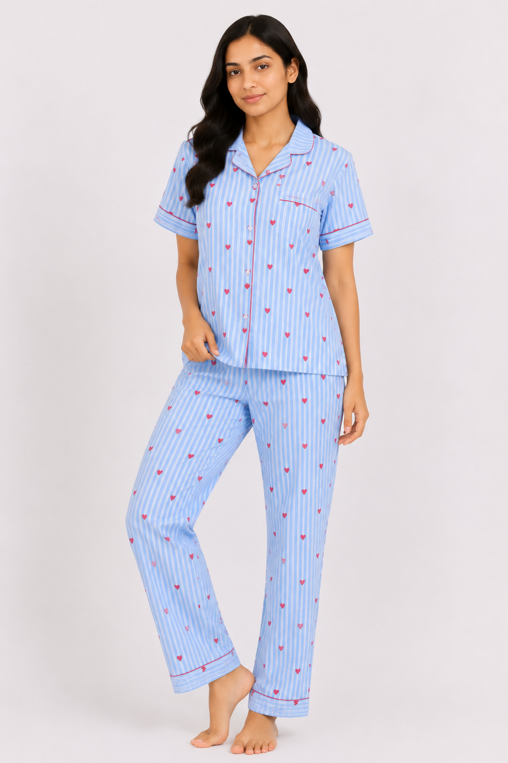 Blue Heart Print Cotton Night Suit Set for Women