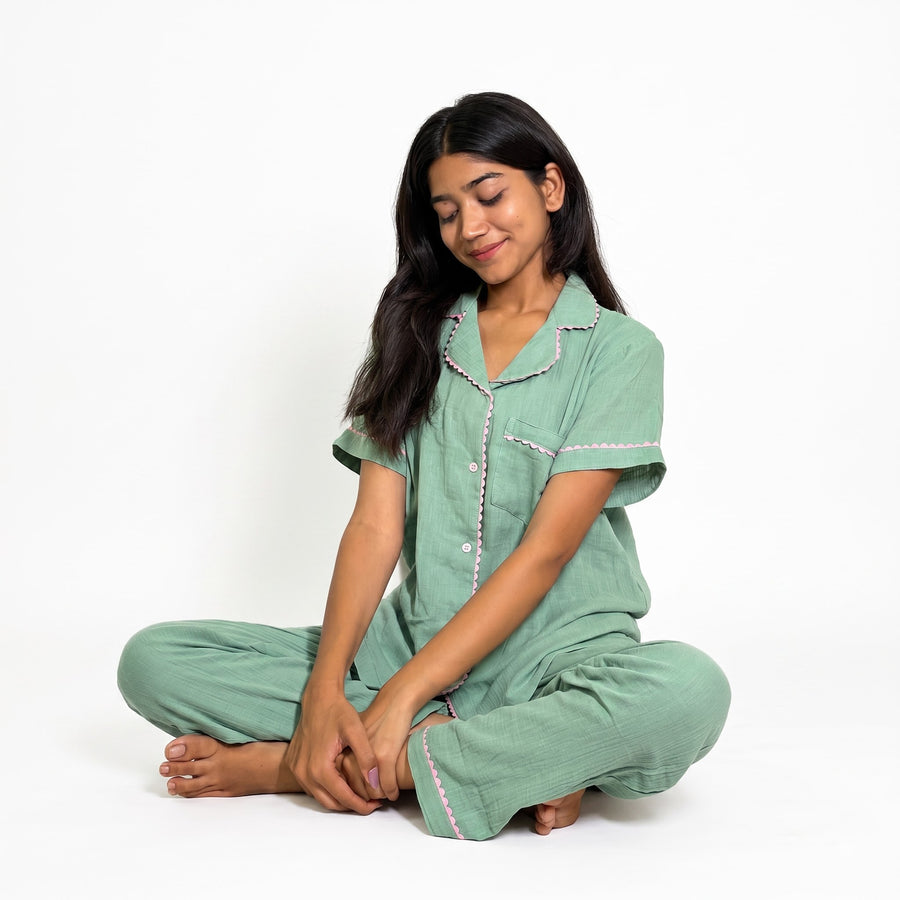 Mint Green Muslin Cotton Nightwear Set