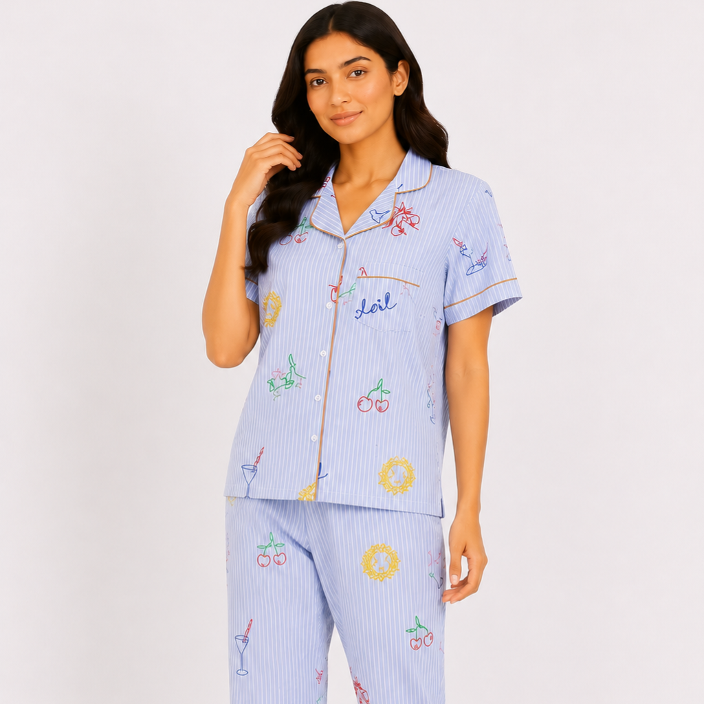 Blue Stripe Printed Cotton Night Suit Set [Full Pant]