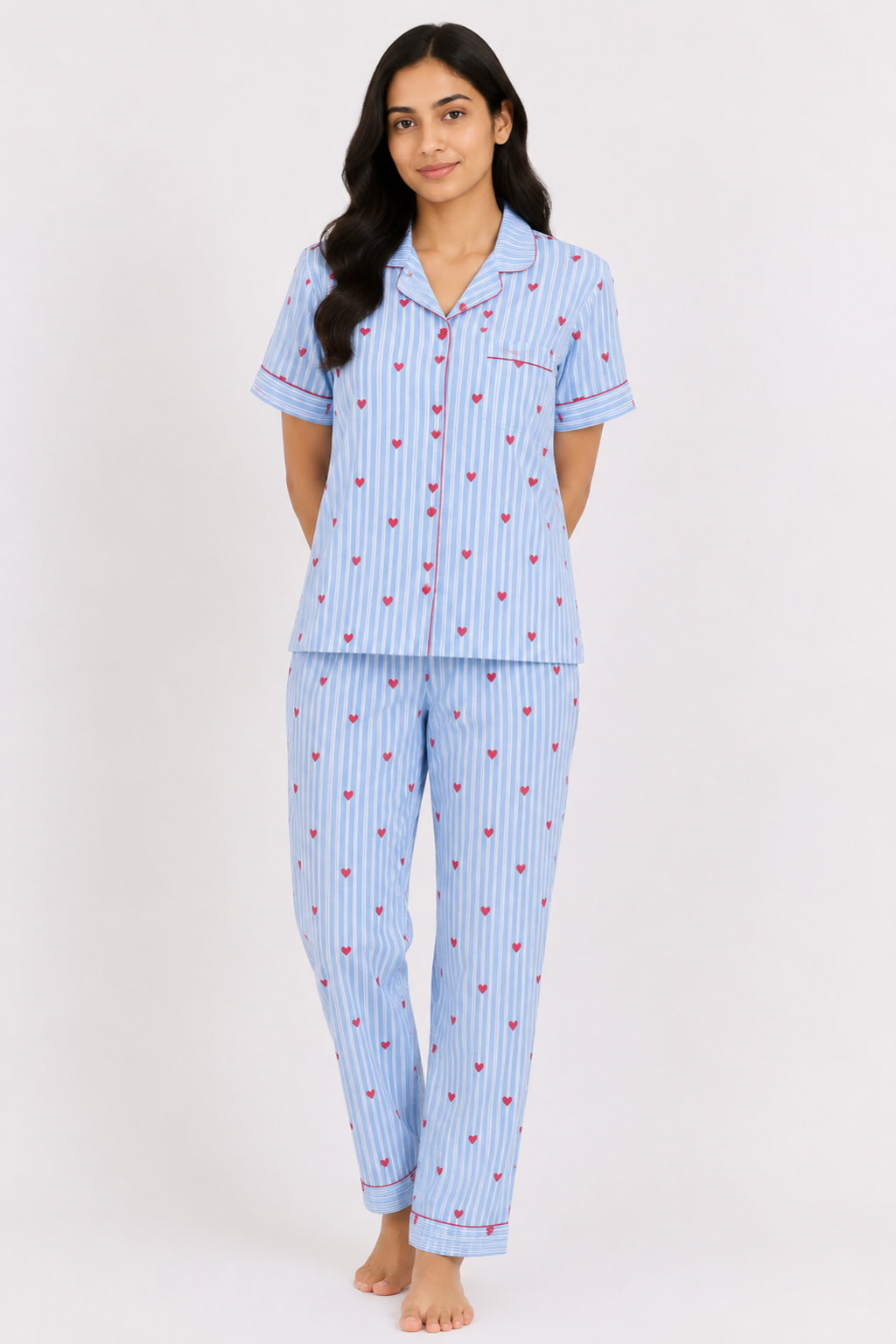 Blue Heart Print Cotton Night Suit Set for Women