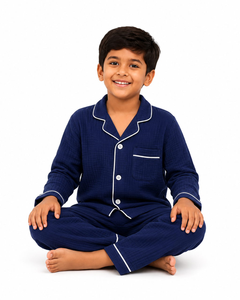 Classic Navy Blue Muslin Kids Night Suit