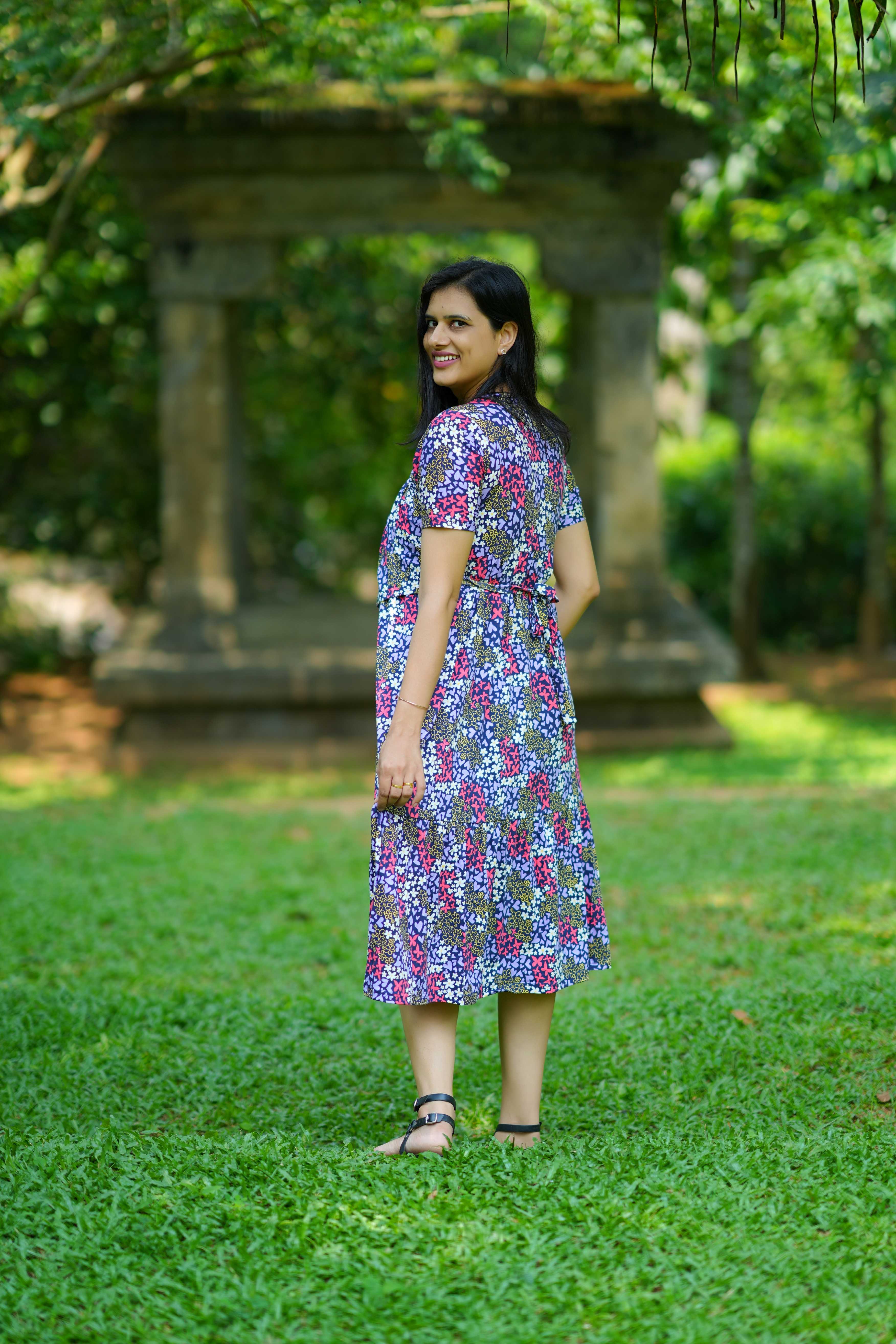 Navy Blossom Ditzy print Maternity Midi Dress