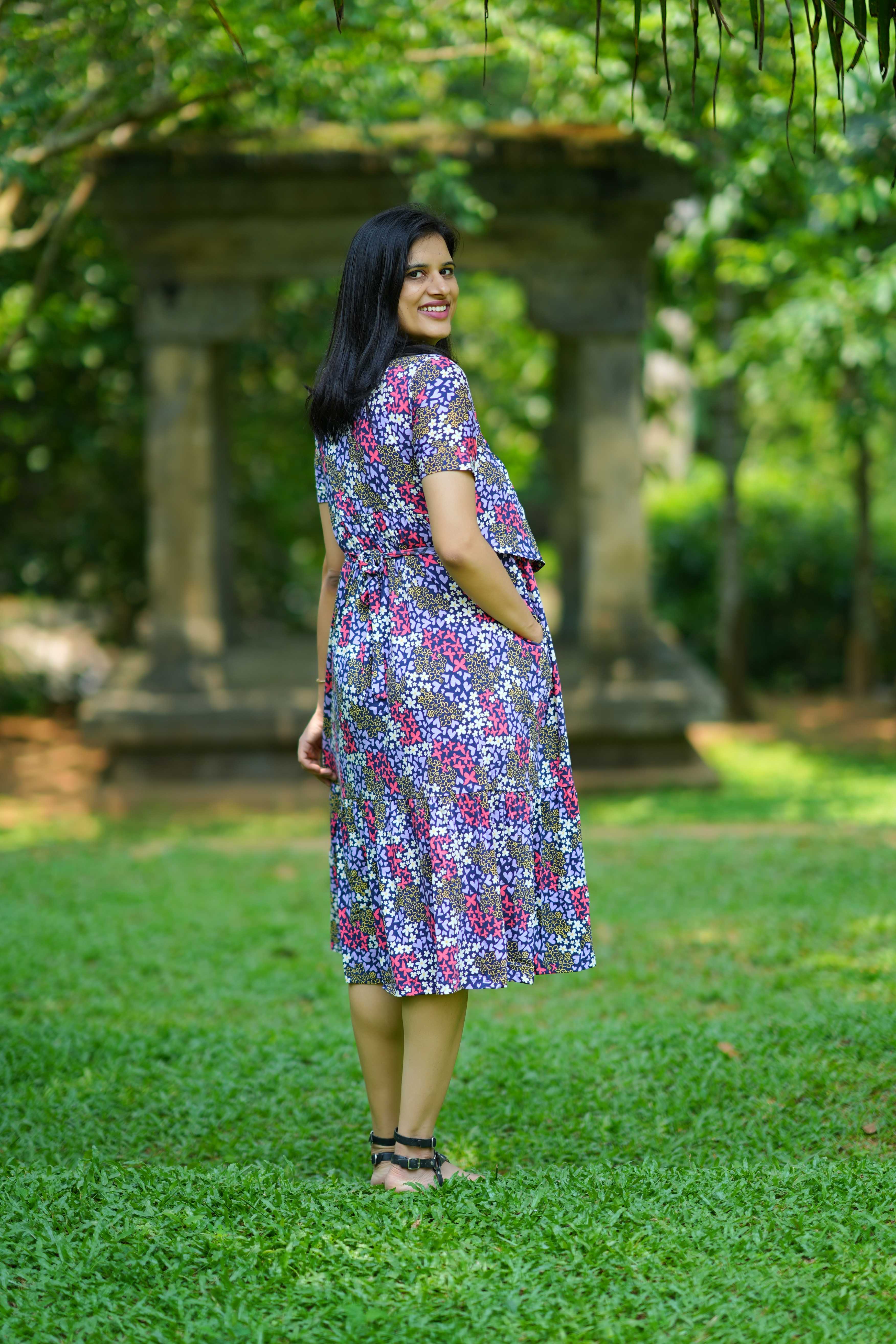 Navy Blossom Ditzy print Maternity Midi Dress
