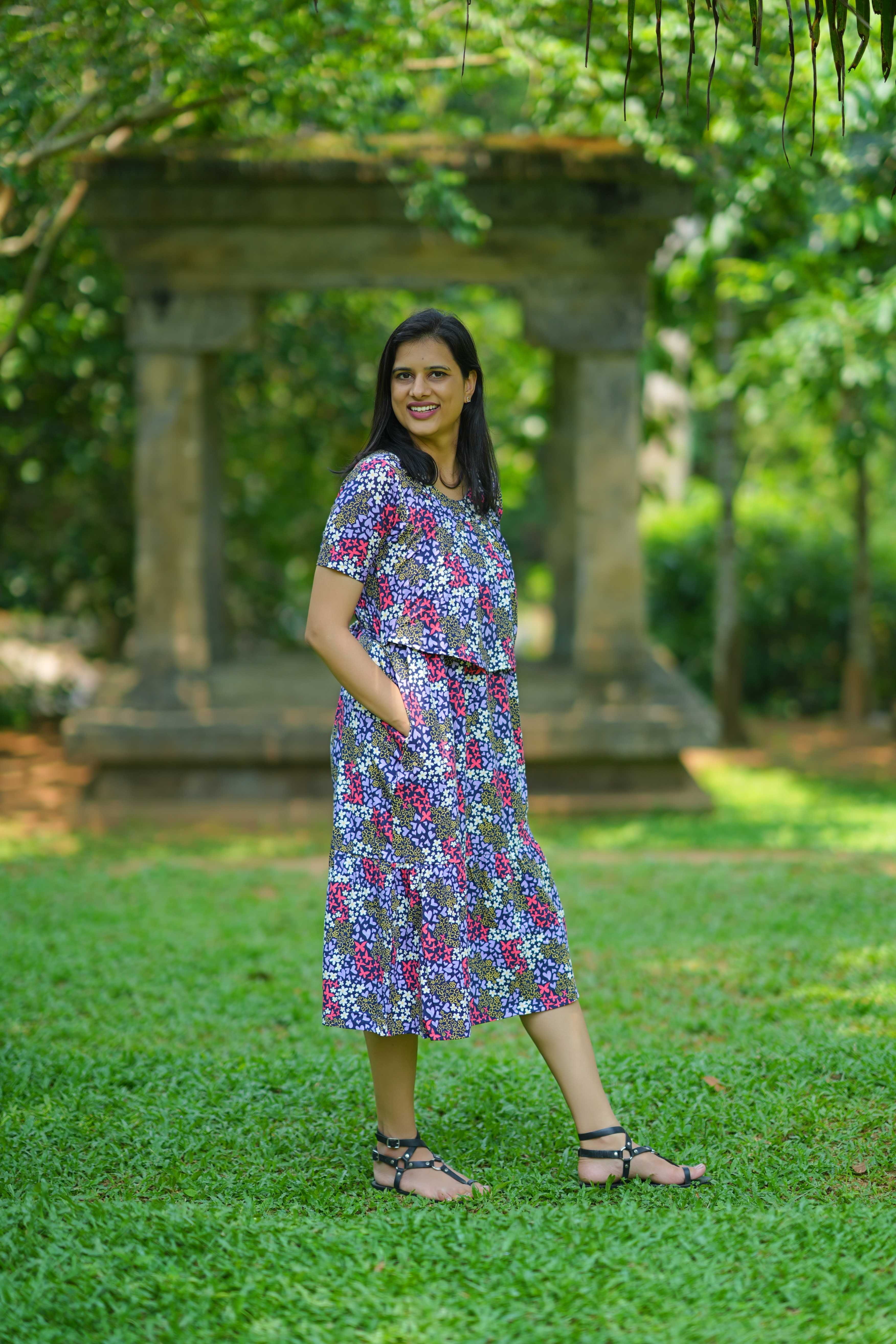 Navy Blossom Ditzy print Maternity Midi Dress