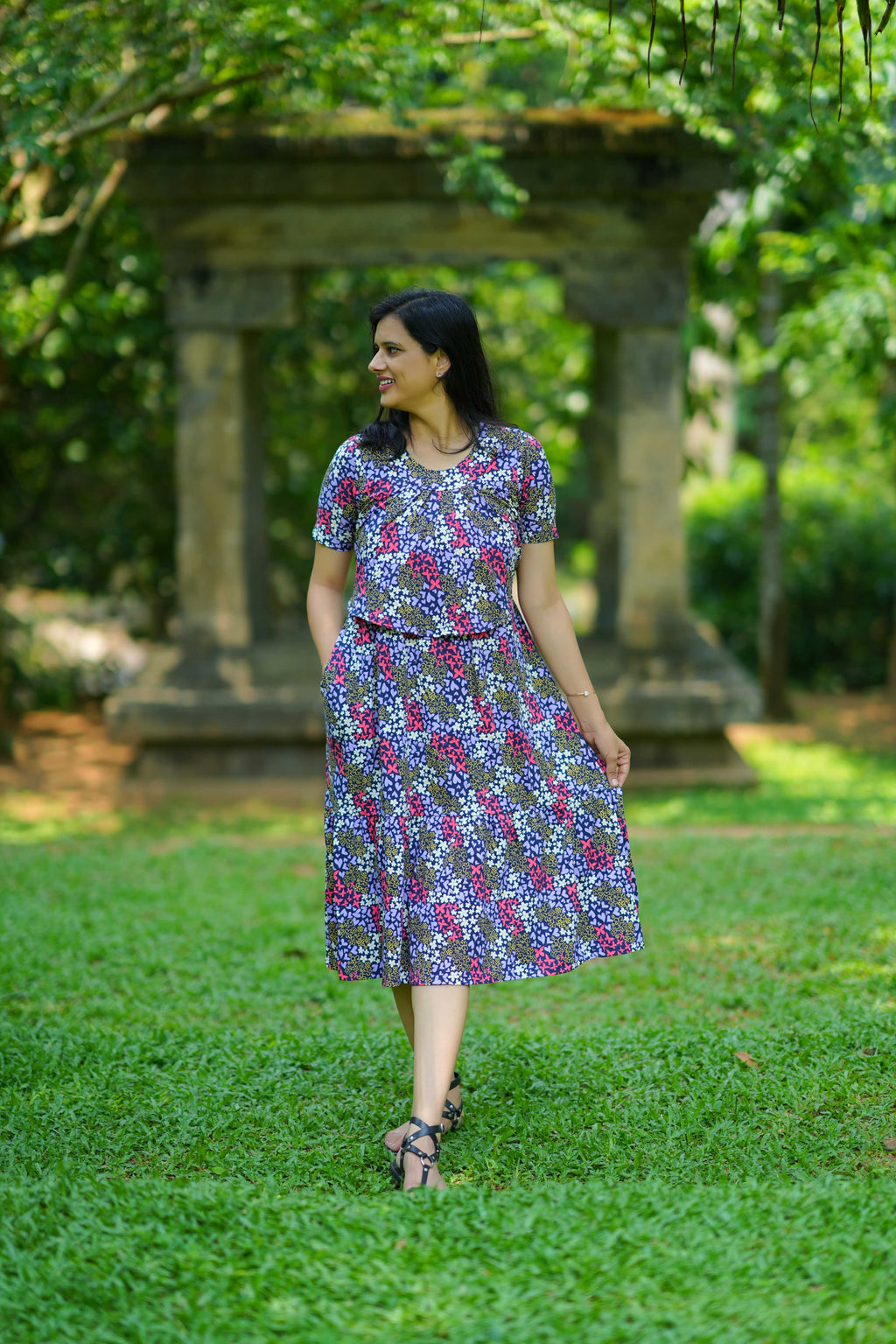 Navy Blossom Ditzy print Maternity Midi Dress