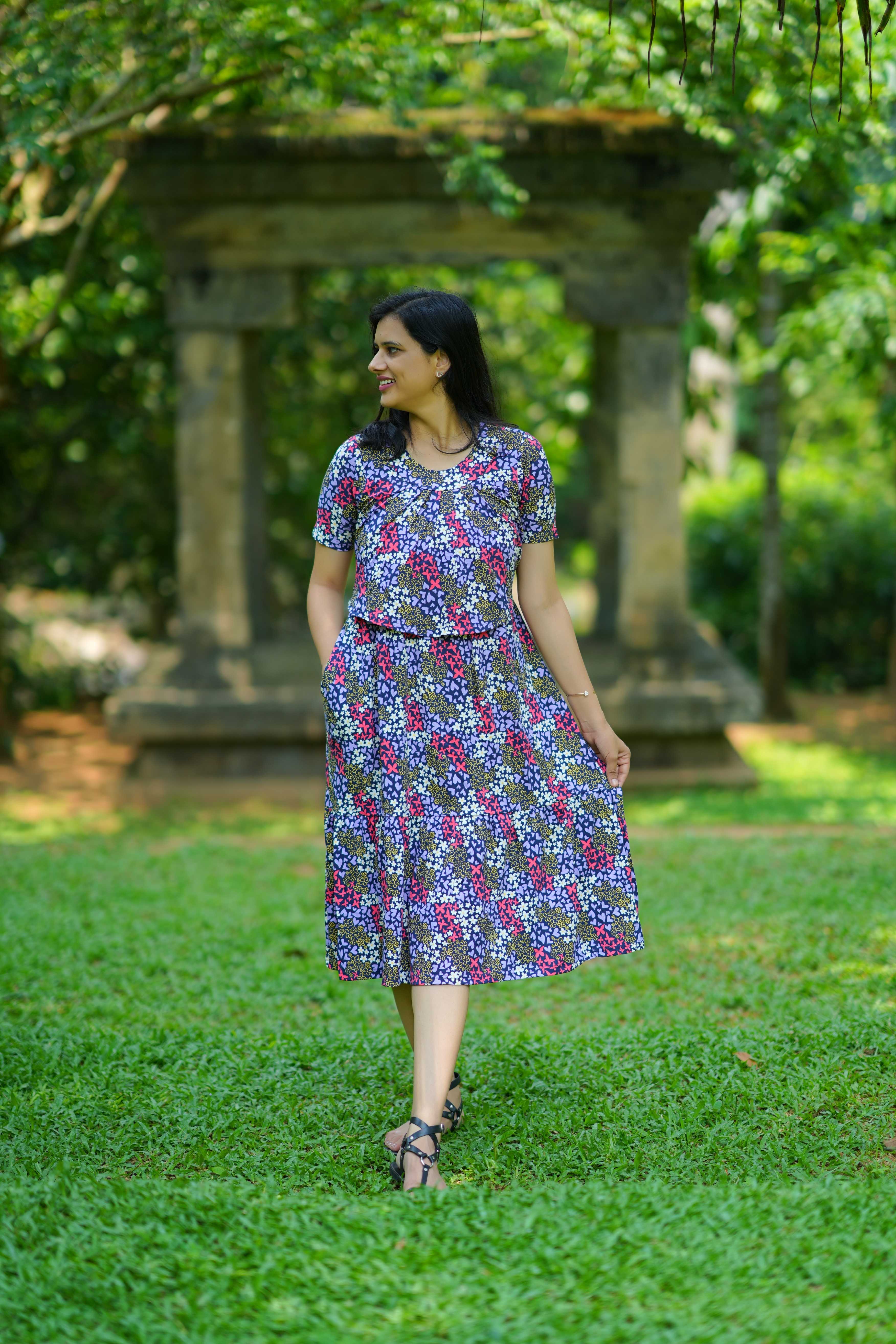 Navy Blossom Ditzy print Maternity Midi Dress