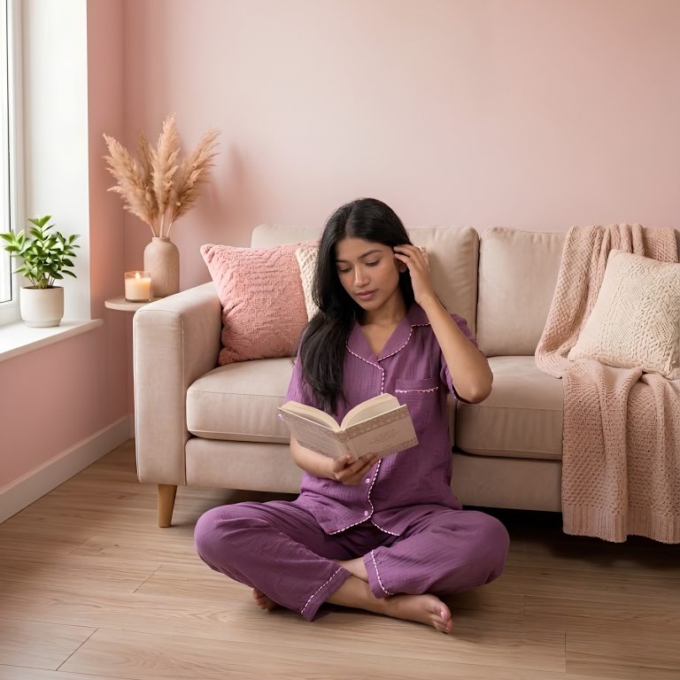 Solid Plum Muslin Cotton Nightwear Set