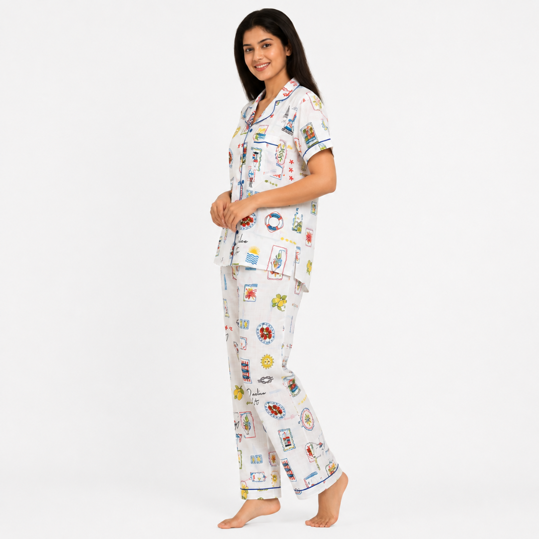 White Travel Print Cotton Night Suit