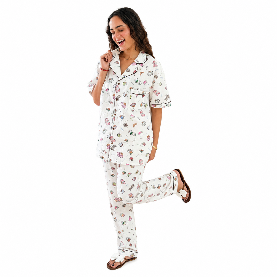 White Café Print Cotton Women's Night Suit