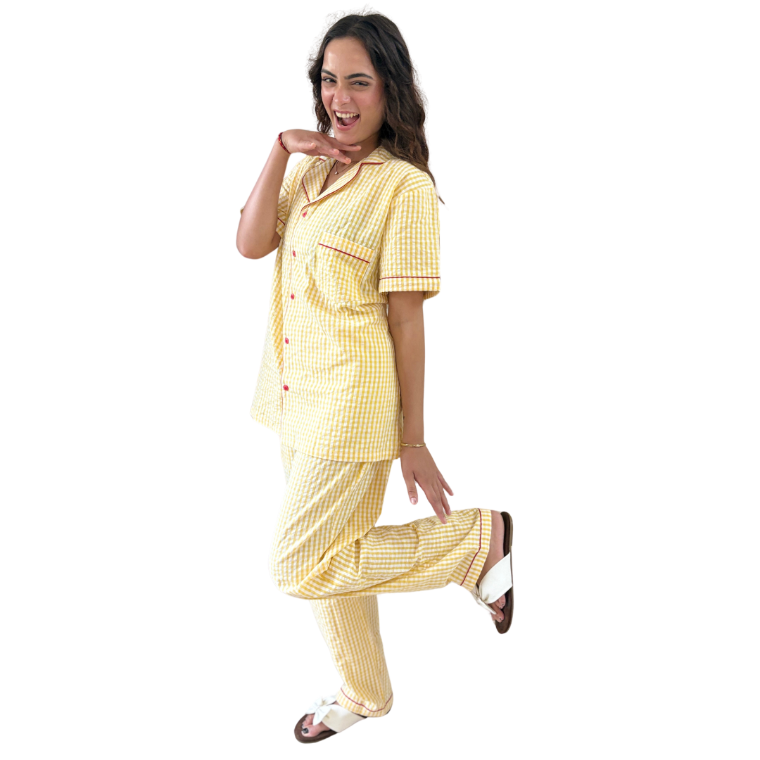 Yellow Gingham Cotton Women's Night Suit