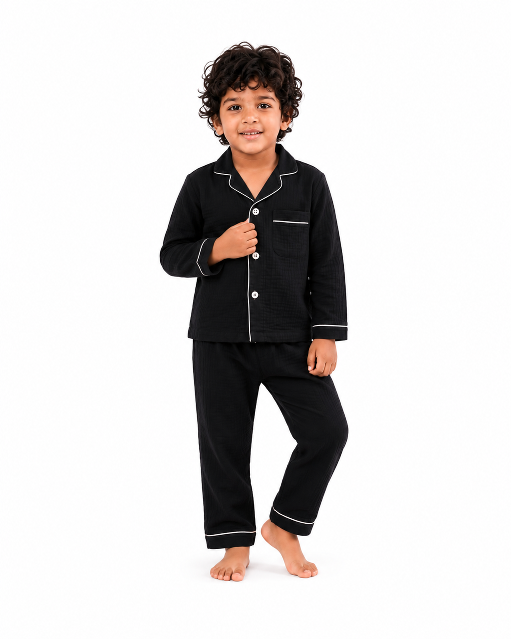 Classic Black Muslin Kids Night Suit(Full Sleeve)
