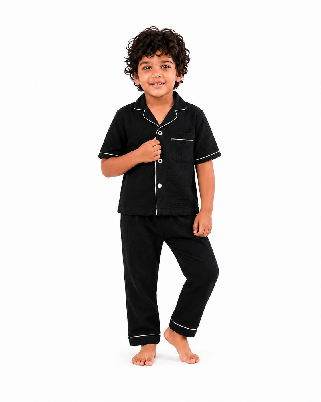 Classic Black Muslin Kids Night Suit