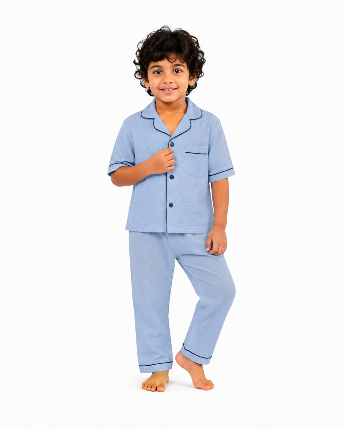 Classic Blue Muslin Kids Night Suit