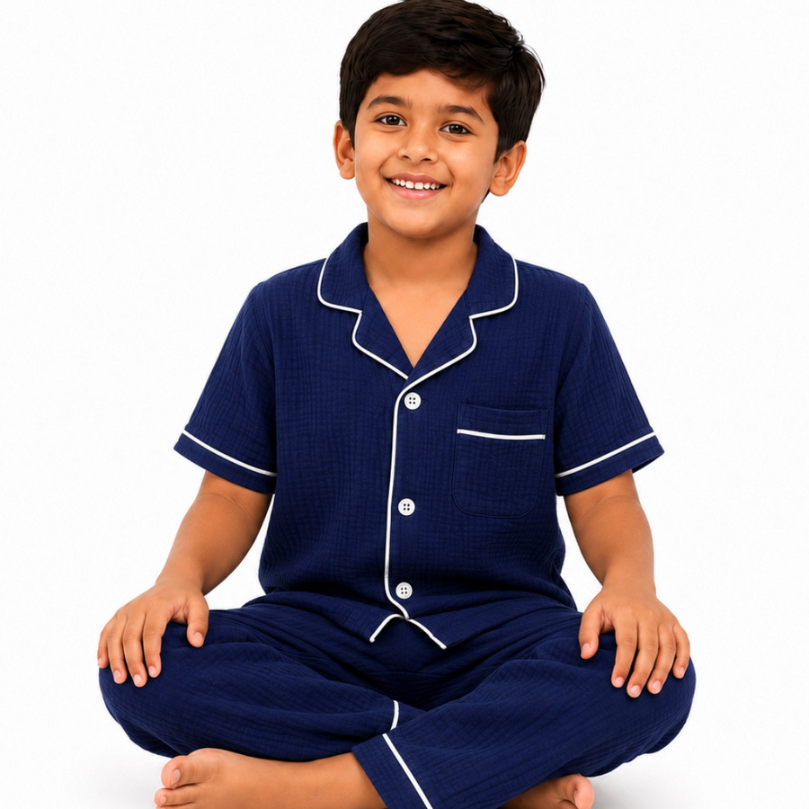 Classic Navy Blue Muslin Kids Night Suit